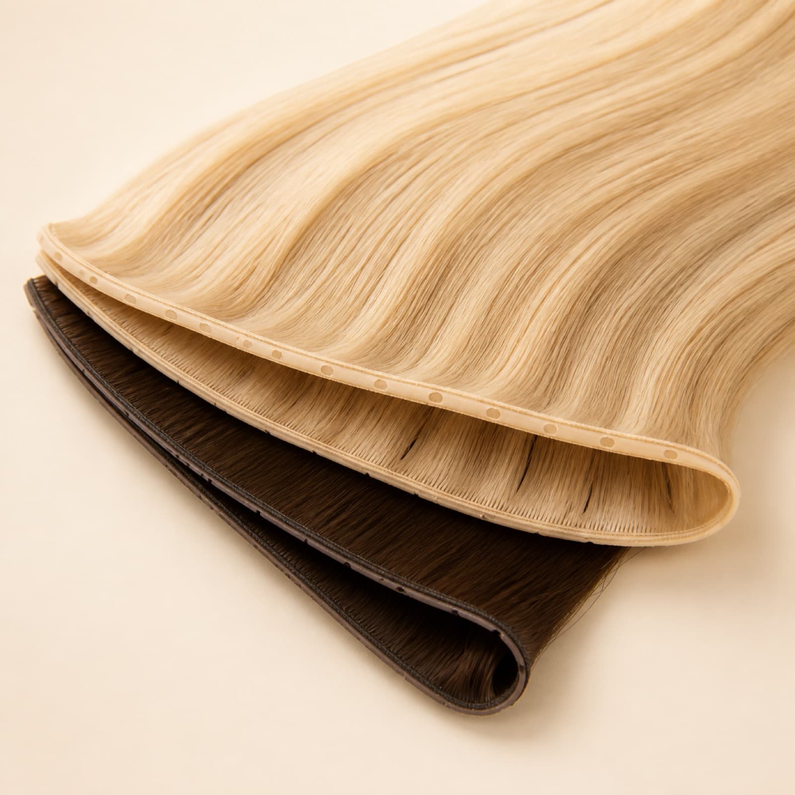 Blonde and brown Butterfly Weft human hair extensions with flexible attachment edges