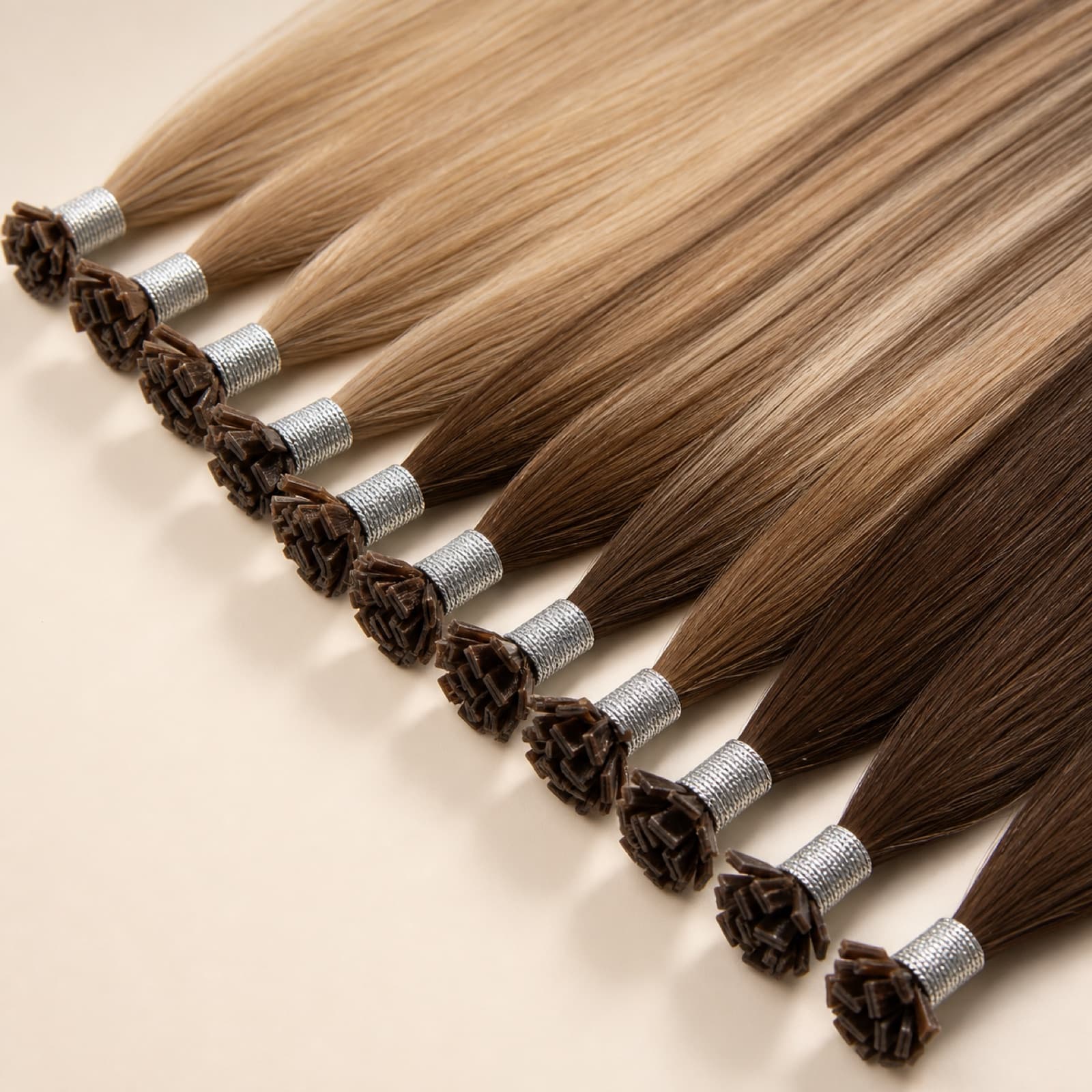 Flat Tip virgin human hair extensions with flat keratin bonds in ash brown and blonde