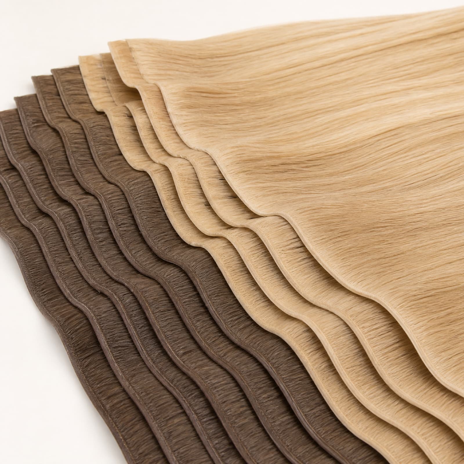 Brown and blonde Tape Weft Extensions with layered reinforced seams