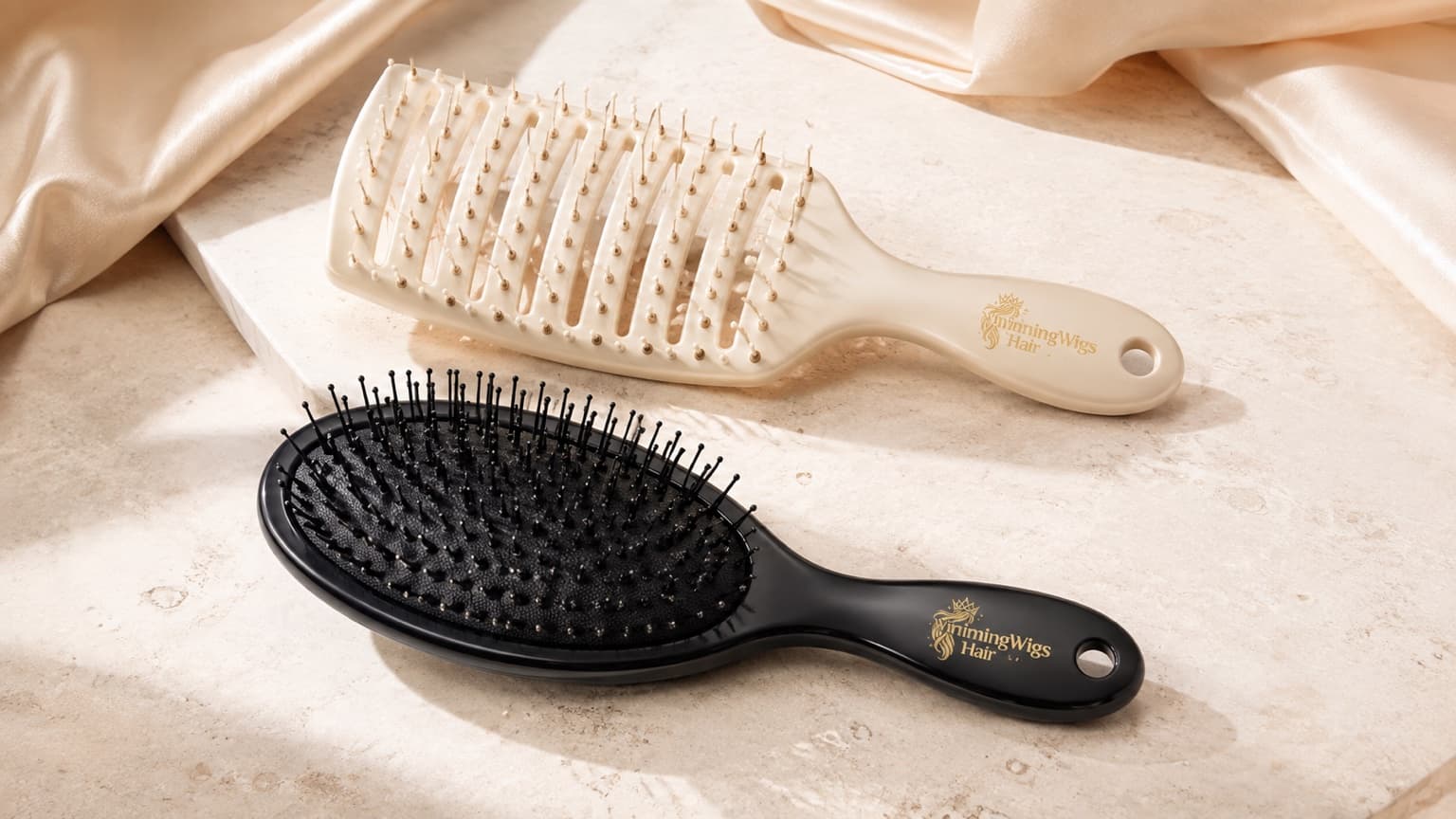 WinningWigs custom branded salon combs and brushes with champagne-gold logo printing on the handles