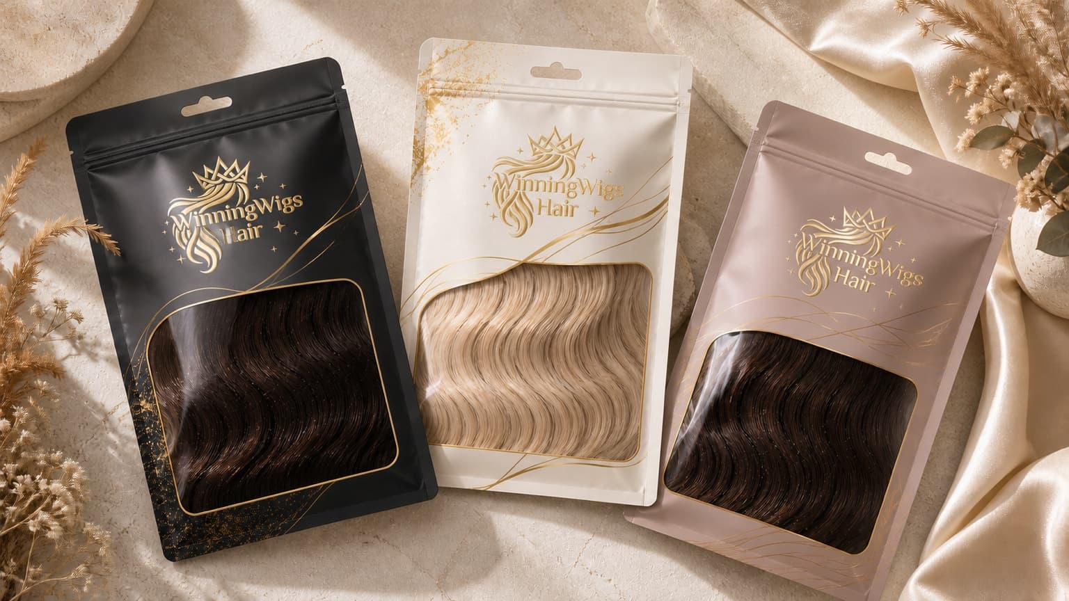 WinningWigs custom human hair packaging bags with champagne-gold logo printing