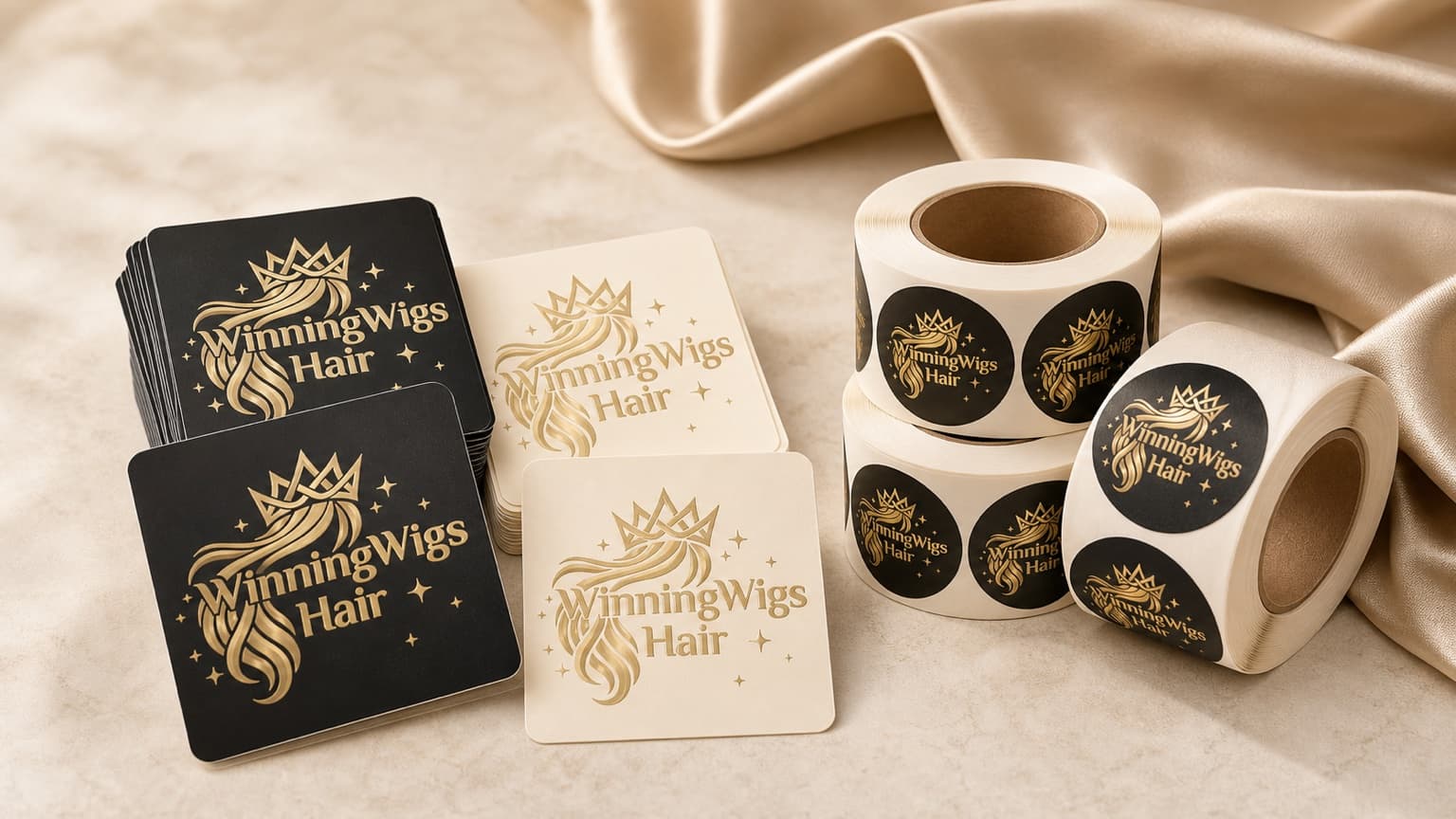 WinningWigs custom square and round sticker labels with champagne-gold logo printing