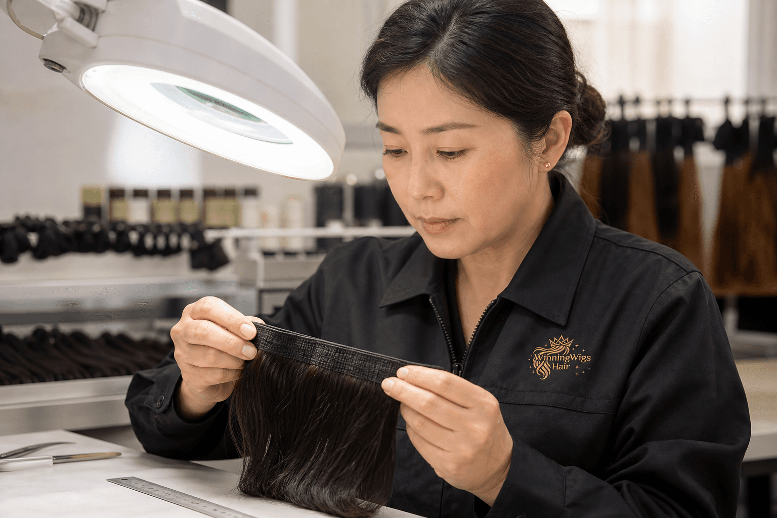 WinningWigs quality-control specialist inspecting a human hair weft